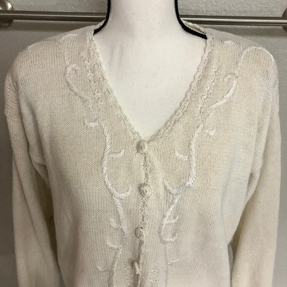 Cervelle Sweater Medium Cute Off White 90s Vintage V-Neck Cardigan Grandma Cozy - Picture 3 of 10